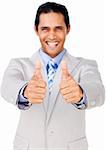 Ethnic businessman with thumbs up in celebration isolated on a white background