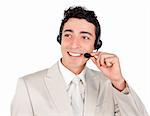 Ethnic young businessman with headset on isolated on a white background