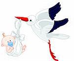 A cartoon vector illustration of a stork delivering a newborn baby boy