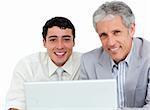 Self-assured business co-workers using a laptop against a white background