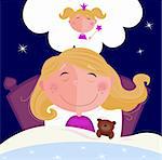 Girl is sleeping in bed during dark night. She is dreaming about princess. Vector Illustration.