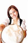 Beautiful and happy woman holding Oktoberfest beer stein. Isolated on white.