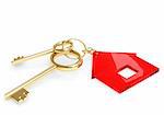 Two gold keys with label symbol home. Objects over white