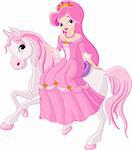 Beautiful princess with pink dress riding horse