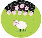 The difference - oposite sheep, black and white. White sheep between black sheep family. Stylized vector cartoon Illustration.