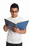 Young adult man reading a book.   He is wearing glasses.  White background.