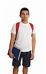 University student dressed in casual clothes and carrying a book.  White background.
