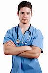 Stock image of medical intern standing with arms crossed over white background