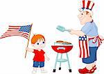 Father and Son cooking A Hamburgers On A Barbecue Grill at Fourth of July