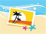 Photo with tropical palms on beach sand. Vector Illustration.