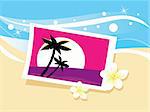 Photo with tropical palms and flowers in beach sand. Vector Illustration.