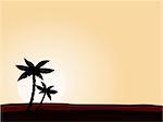 Vector illustration of black palm tree on yellow sunset background. Perfect for travel agency or sea reasort.