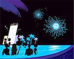 People in night pool. Vector illustration in retro style. Fireworks and hotel complex in background.