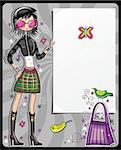 Fashion shopping girl showing message bord with and shopping bag (shopping series)