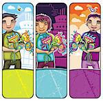 Young boy with flowers banners with space for your text