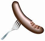 An illustration of a nice tasty juicy half eaten sausage with bite missing on a fork