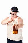 Obese man in tee shirt on white background with bottle and cigar