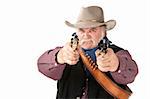 Big tough cowboy with leather holster pointing two pistols