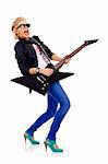 screaming girl with  electric guitar over white