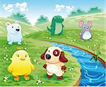 Baby pets near the river. Funny cartoon and vector illustration.