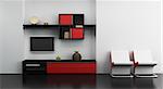 lounge room interior with bookshelf and TV 3d rendering