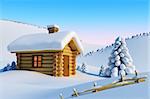 log house and fir-tree in snow-drift mountain landscape