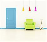 bright home entrance with blue door and green leather armchair -rendering