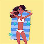 Brown hair and dark skin girl enjoys sun tan bed. Vector Illustration of sexy woman lying on summer beach.