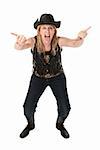 Funny cowgirl with hat and boots on white background