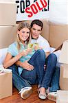 Romantic couple toasting with Champagne after move in