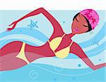 Vector Illustration of sexy female swimmer in yellow bikini in blue water pool.