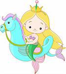 Illustration of cute baby Mermaid riding a Seahorse