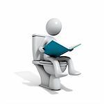 Men sitting at the toilet bowl. There is a book in his hand. Three-dimensional Shape