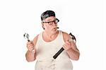 Fat man in tee shirt with multiple tools