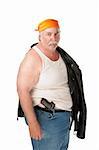 Fat hoodlum with pistol and orange bandana