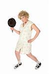 Housewife on white background holding a kitchen frying pan