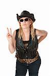 Funny cowgirl with hat and sunglasses on white background