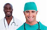 Portrait of two male doctors against a white background