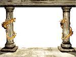 Frame with two medieval columns and dragons. Isolated over white