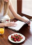 Blond woman using a laptop while having breakfast at home