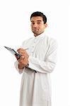 Traditional ethnic businessman facing slightly sideways.  He is wearing white woven robe with ruby buttons.  He is holding a clipboard folder and pen.  White background.