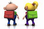 cute cartoony boy and girl with schoolbags on their back walking away - back to school concept - 3d rendering/illustration