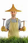 Man with Asian hat and garden tools on white