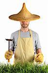 Man with Asian hat against white background