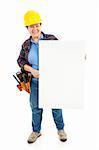 Female construction worker holding blank sign, ready for text.  Isolated on white, full body.
