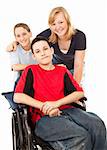 Disabled boy in wheelchair with his brother and sister.  Isolated on White.