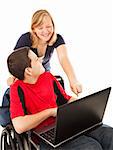 Disabled teen boy and a friend having fun on the computer.  Isolated on white.