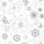 White and black seamless floral pattern with curls and  butterflies  (vector)