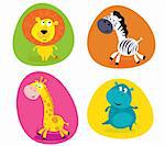Vector Illustration of four cute wild animals buttons - lion, zebra, giraffe and hippo