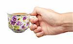A cup of tea and a hand isolated on white background